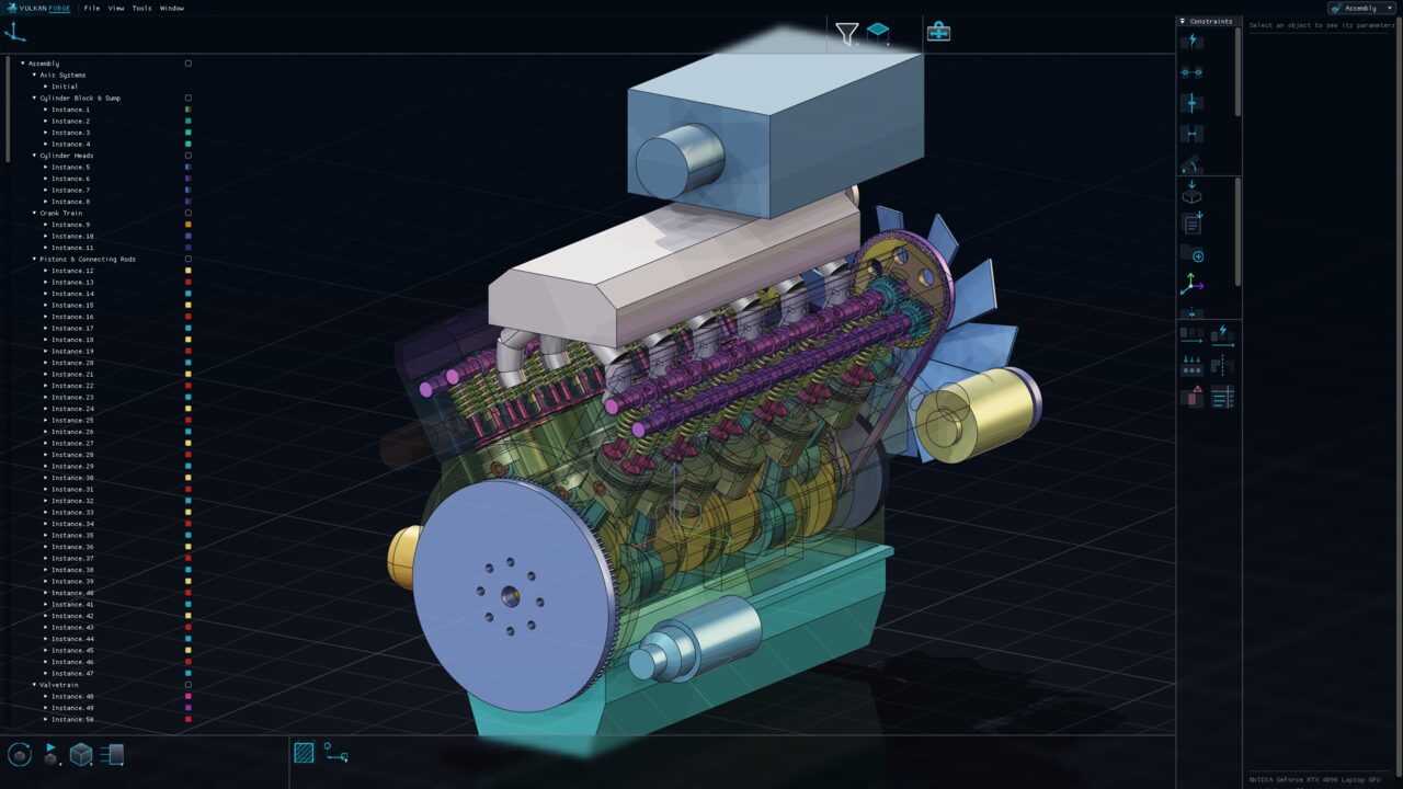 The V12 engine in the Assembly workbench with the full application window: the spec tree grouped into Cylinder Block & Sump, Cylinder Heads, Crank Train, Pistons & Connecting Rods and Valvetrain, and the assembly toolboxes on the right.
