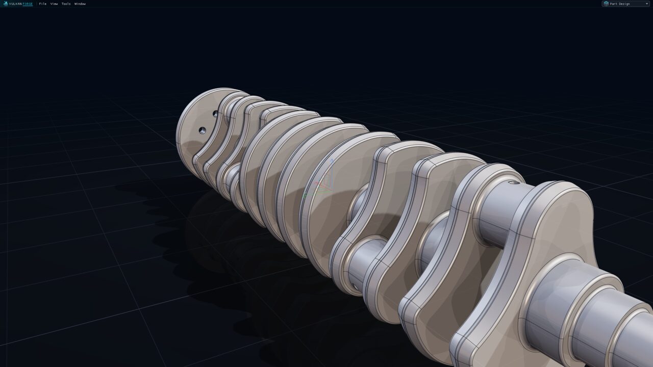 Close-up along the crankshaft: each counterweight web tapers to a flat parting line like a forging, with fillets where the webs meet the journals and crankpins, and an oil drilling in a main journal.