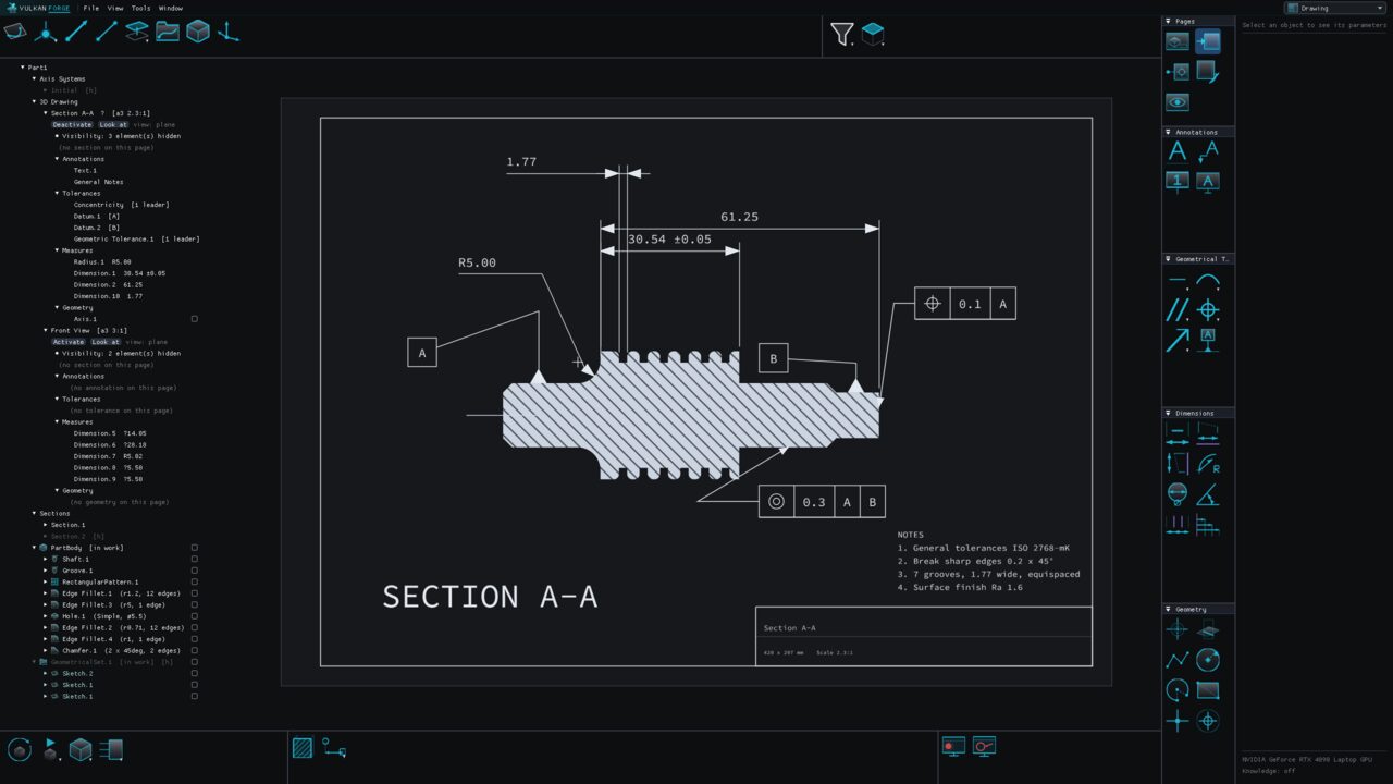 A drawing sheet in the Drawing workbench: SECTION A-A of a grooved stepped shaft with hatching, linear dimensions including a ±0.05 tolerance, a radius, datum features A and B, position and concentricity frames, a notes block and the title block, with the page tree on the left.