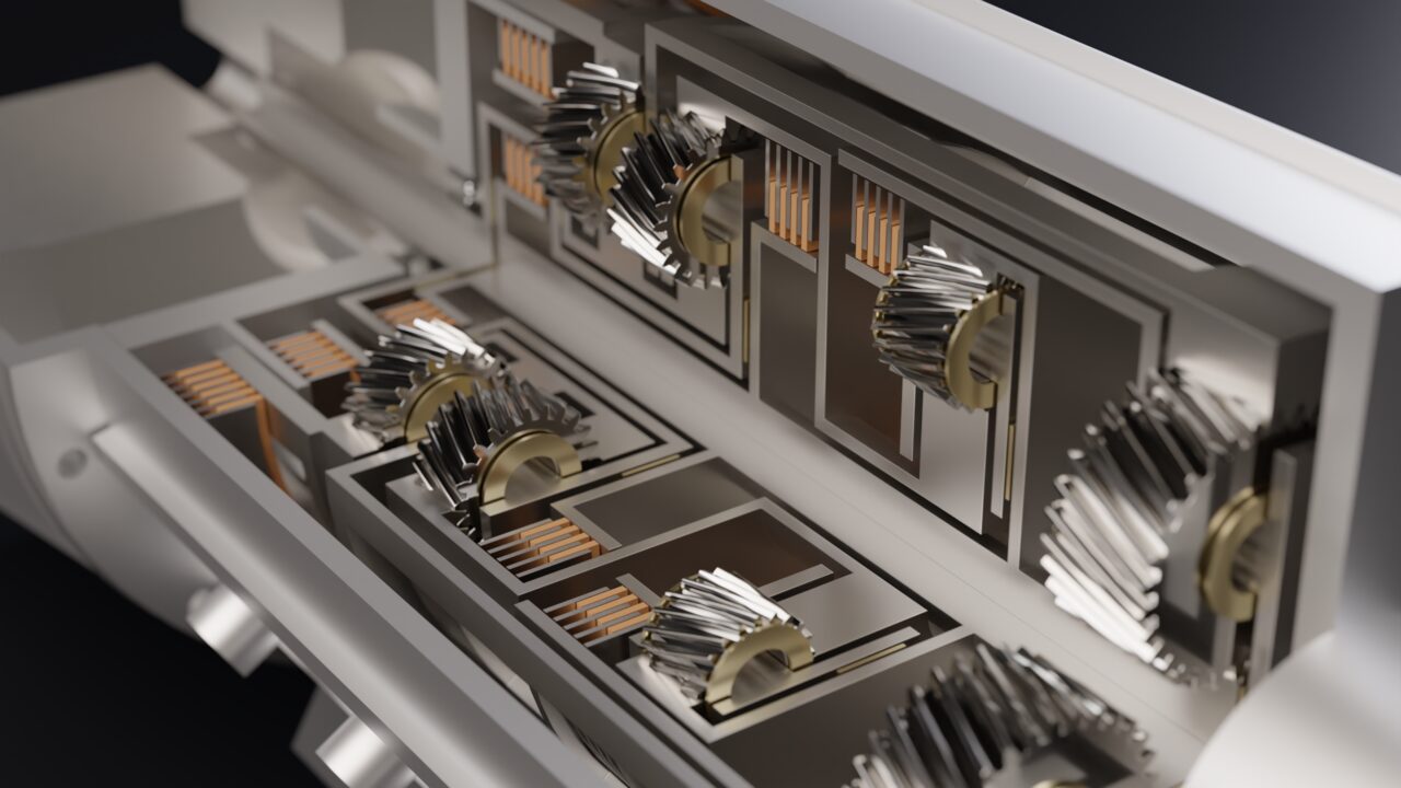 Path-traced close-up inside the cutaway transmission: helical planet gears in ground steel with bronze thrust washers, stacked friction and steel clutch plates and machined drums, with shallow depth of field.
