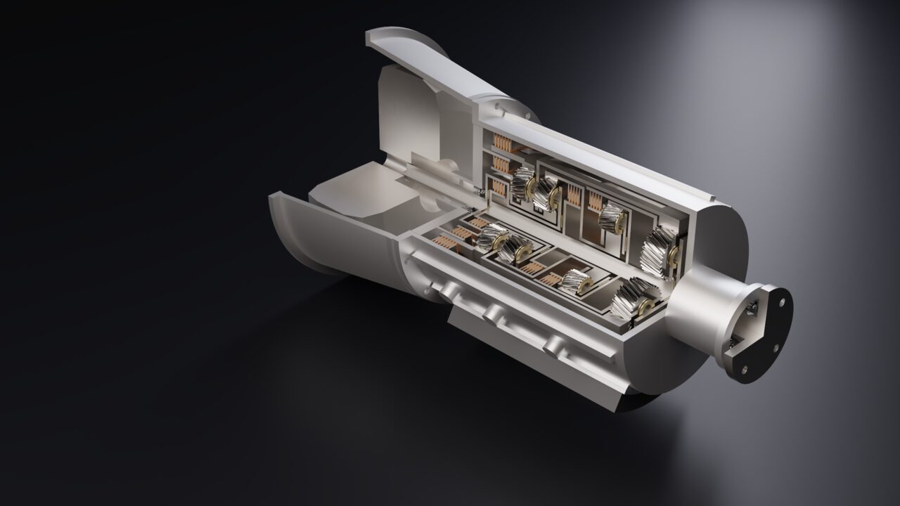 The cutaway 8-speed planetary automatic transmission rendered photoreal in the Rendering workbench: a bead-blasted aluminium case with bright machined cut faces opens onto ground-steel helical planet gears, bronze thrust washers and copper-coloured clutch packs, on a glossy dark floor under soft studio light.