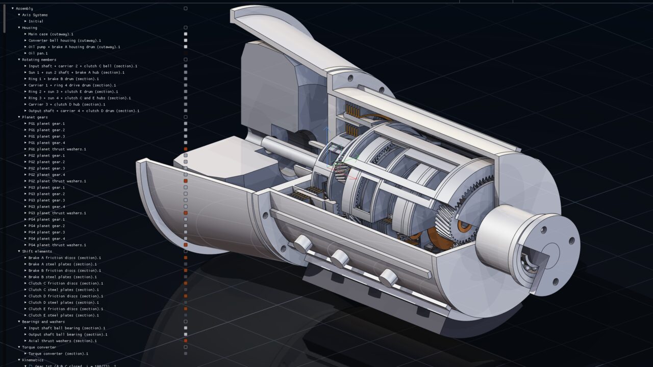 The transmission posed mid-shift in the Kinematics workbench: the spec tree lists housing, rotating members, planet gears, shift elements and the gear mechanisms, while the rotating drums and planets are shown turned to the shift pose.