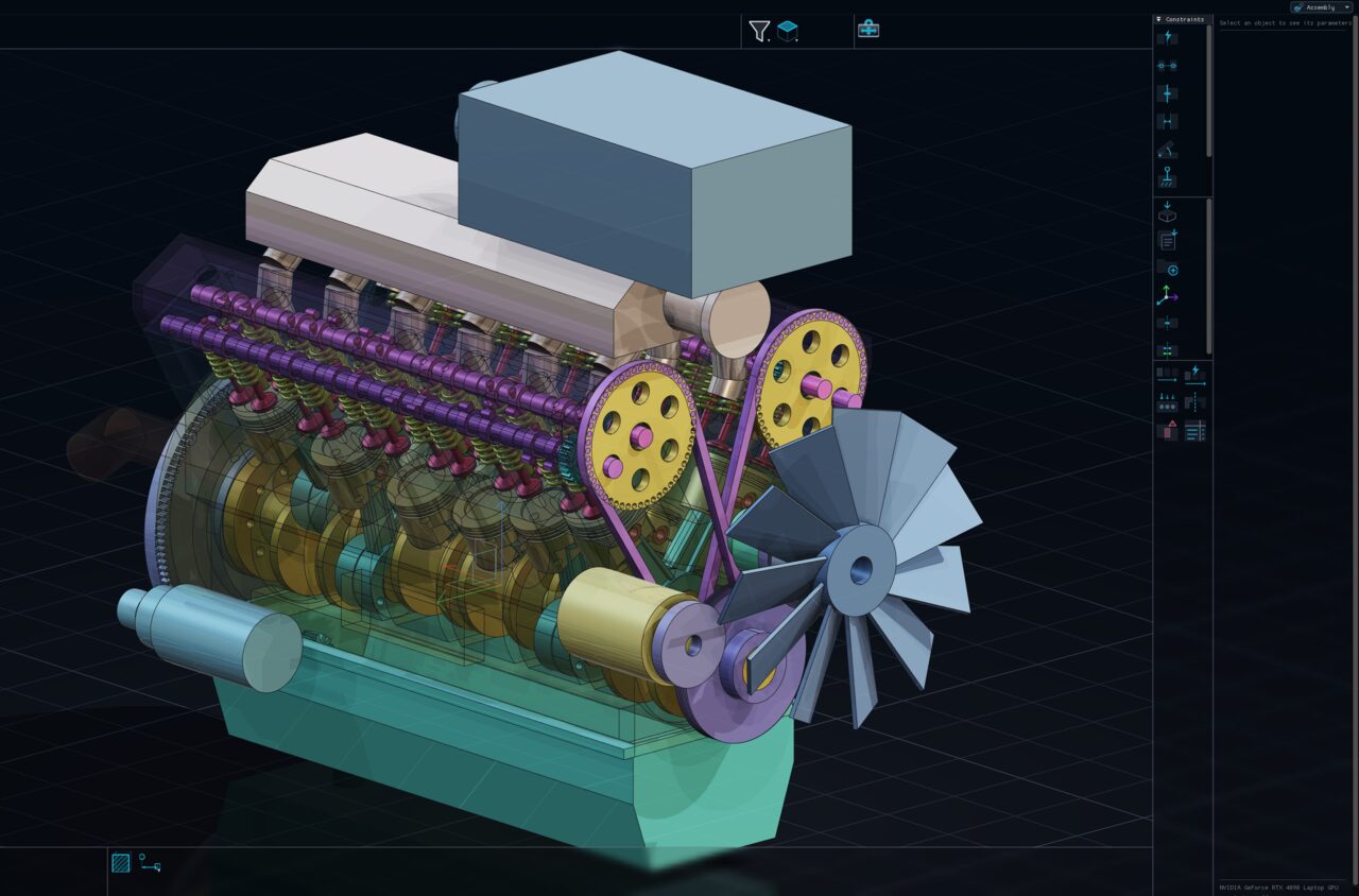 A complete V12 engine assembly in the ray-traced viewport: translucent block and heads reveal crankshaft, pistons, twin camshafts, valve springs and the timing belt driving both cam pulleys and the fan.