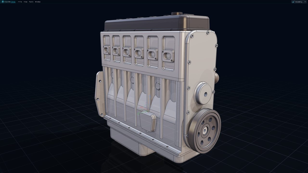 The 3.0 L inline-six assembly from the intake side: a cast-style block whose bolt columns run down the skirt as ribs between cored crankcase bays, port flanges in recessed panels on the head, a finned sump, a timing cover and a grooved damper.
