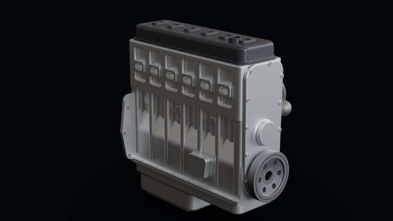The 3.0 L inline-six rendered photoreal: bead-blasted aluminium block, head, sump and timing cover under soft studio light, with a black painted cam cover.