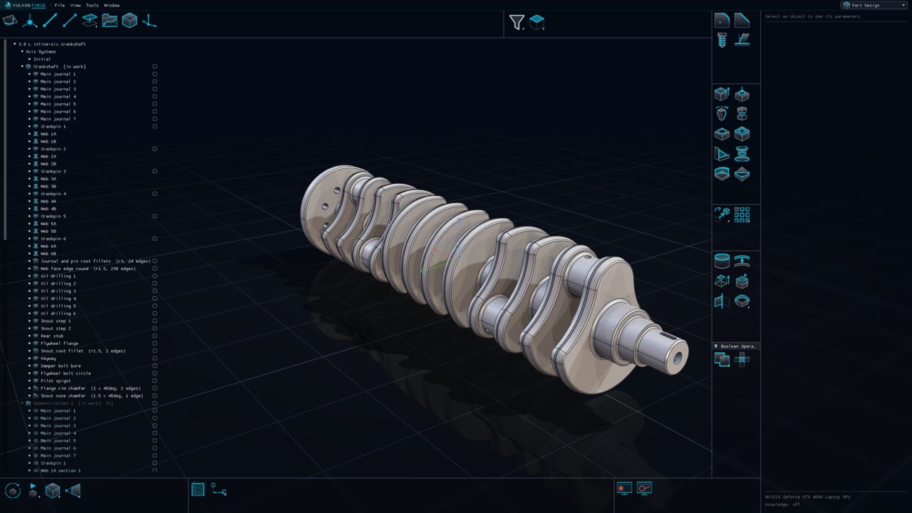The 3.0 L inline-six crankshaft in the Part Design workbench: seven main journals, six crankpins and twelve tapered counterweight webs lofted like a forging, with root fillets, rounded web edges, oil drillings and a drilled flywheel flange, and every feature named in the specification tree.