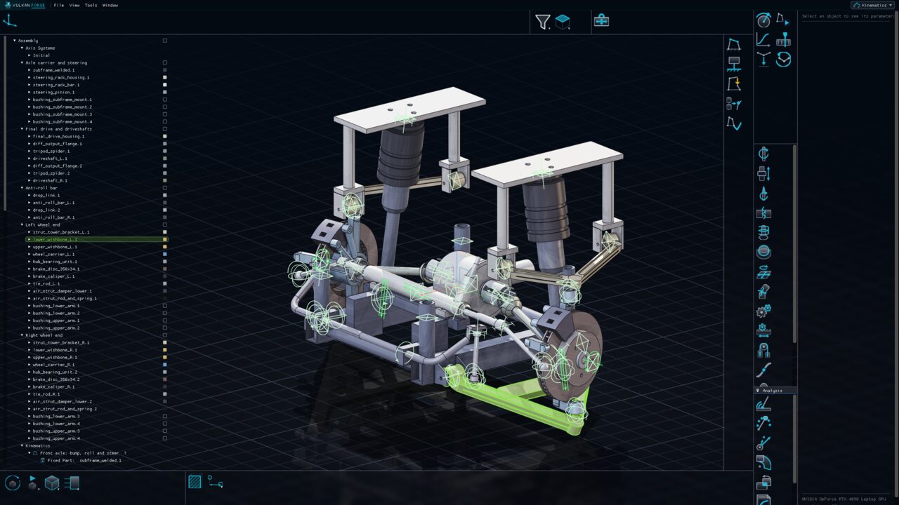 A double-wishbone air-sprung front axle in the Kinematics workbench, posed by its driver, with every joint drawn as a glyph and the tree listing carrier, anti-roll bar, driveshafts and both wheel ends.
