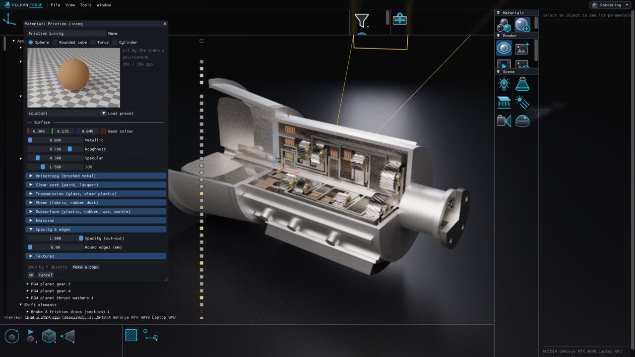 The Rendering workbench: the live path-traced preview of the gearbox cutaway fills the viewport while the material editor is open on a friction-lining material, with its preview sphere, metallic and roughness sliders and the clear-coat, transmission, sheen and subsurface sections.