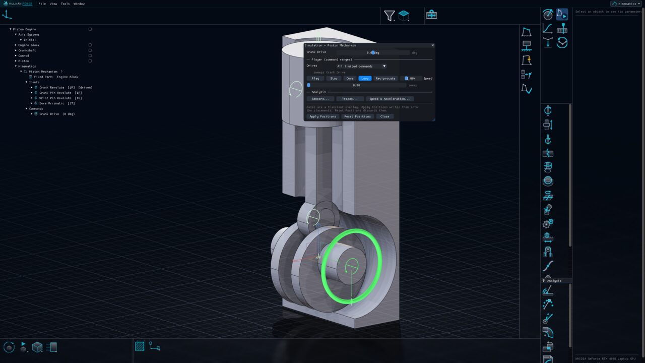 A single-cylinder piston mechanism in the Kinematics workbench with the Simulation dialog open: crank drive command, player controls (Play, Stop, Once, Loop, Reciprocate), sensors and traces; the crank joint is highlighted by its drive ring.