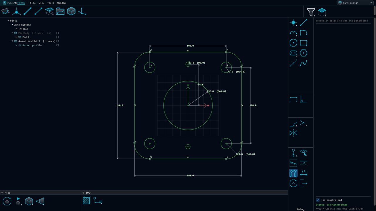 The Sketcher with a flange gasket profile: a rounded rectangle with tangent corner arcs, a central bore, four bolt holes and two dowels, every element green because the sketch is fully constrained, with linear, radius and diameter dimensions laid out around it.