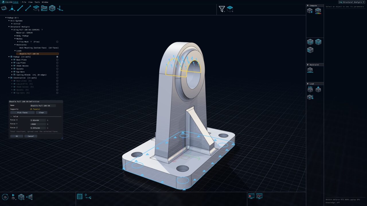 The steel padeye in the Structural Analysis workbench before solving: clamp symbols around the bolted foot, load arrows fanning out of the upper half of the eye bore, and the load dialog with its force components below the specification tree.