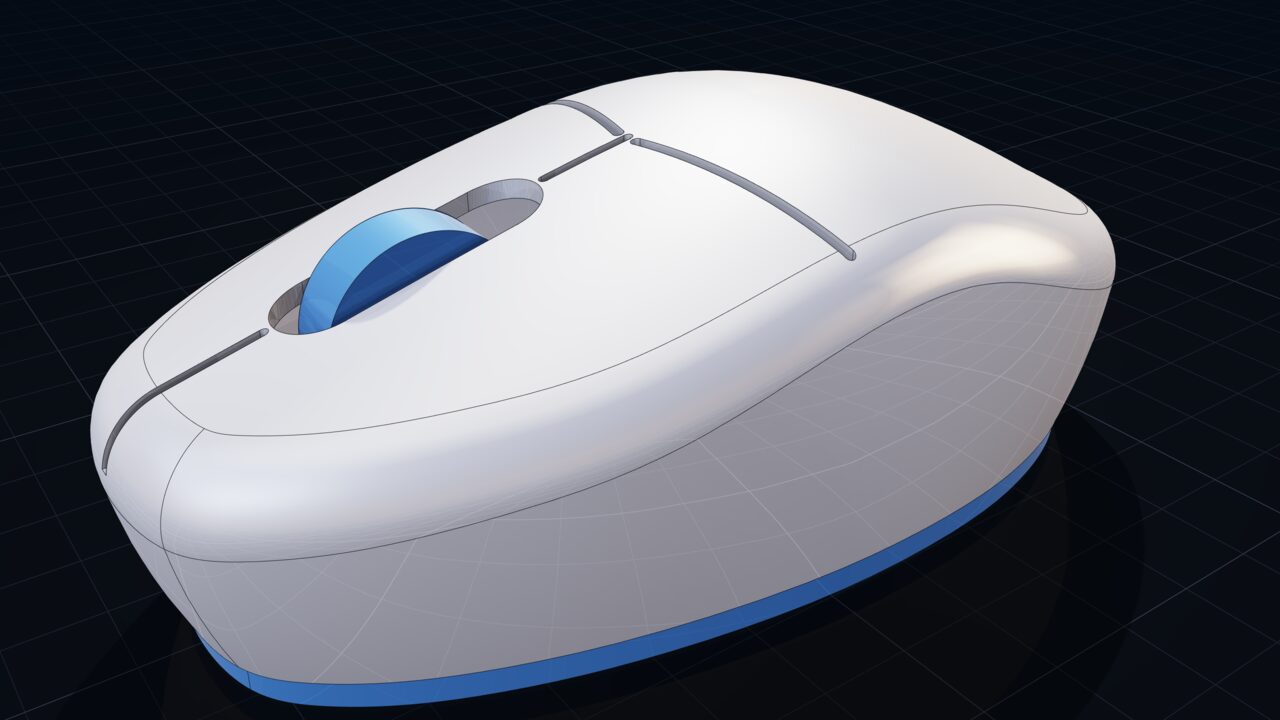 Close-up of the mouse shell in the viewport: the floor grid reflects in smooth, unbroken lines across the lofted top and the blended shoulder, with the button seams and the blue scroll wheel cut into the surface.