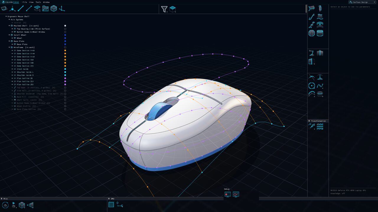 A computer-mouse shell in the Surface Design workbench: a smooth white housing lofted through orange cross-sections and cyan guide curves, with violet plan outlines, a blue scroll wheel and base plate, and the construction listed in the tree.