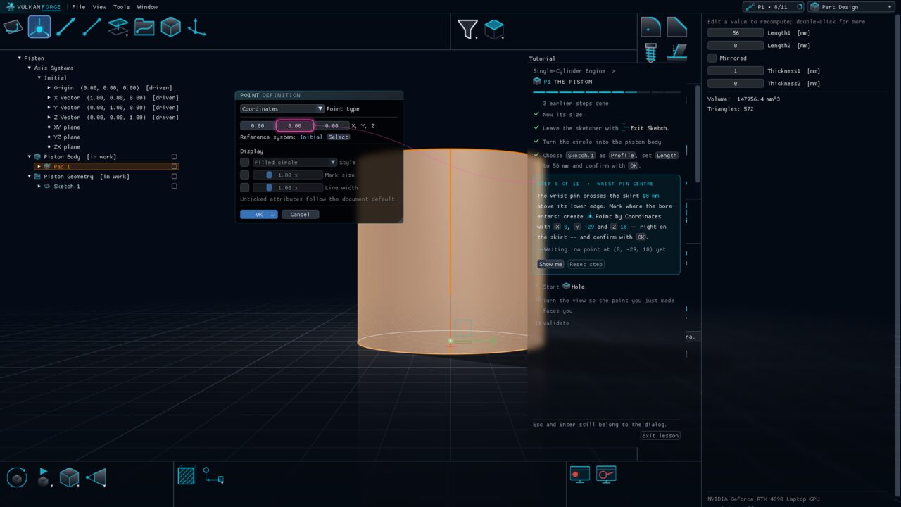 Tutorial lesson P1, the piston, in progress: the Tutorial panel shows the current step asking for a point by coordinates, and a pink guide ring highlights the exact Y field of the Point dialog it refers to.