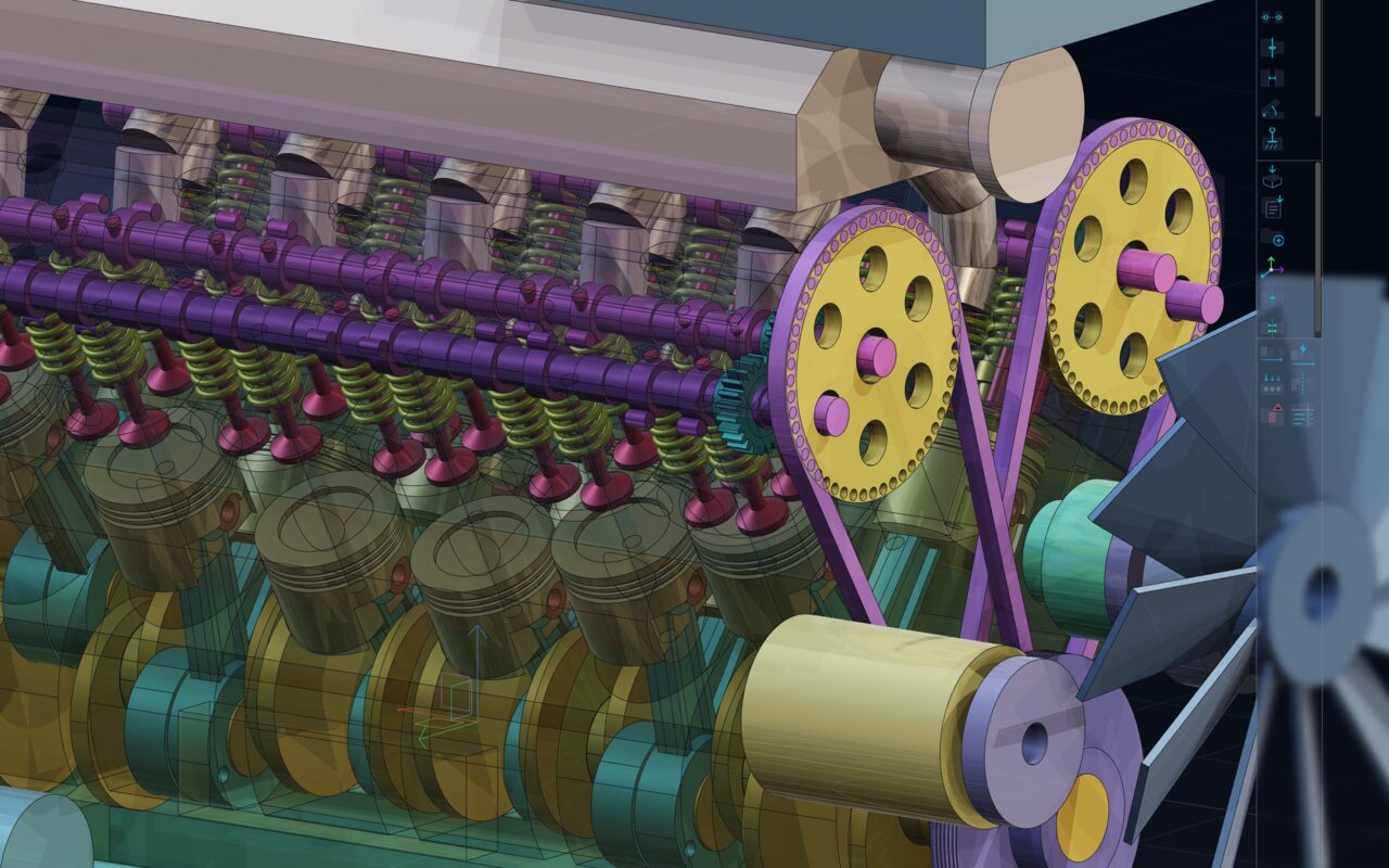 Close-up of the V12's valvetrain: two camshafts over rows of valve springs and valves, pistons below, and the toothed cam pulley and gear at the end of the cam.