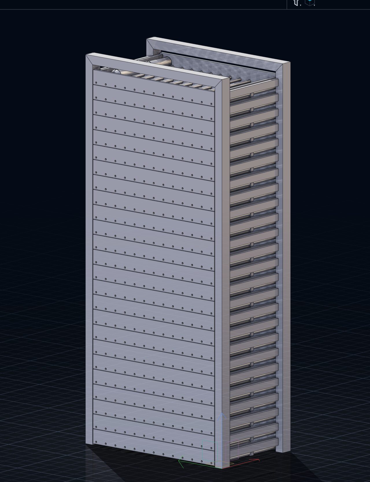 A tall wine cabinet with thirty pull-out drawers and its frame, brought in from a STEP file, shown in the Part Design viewport.