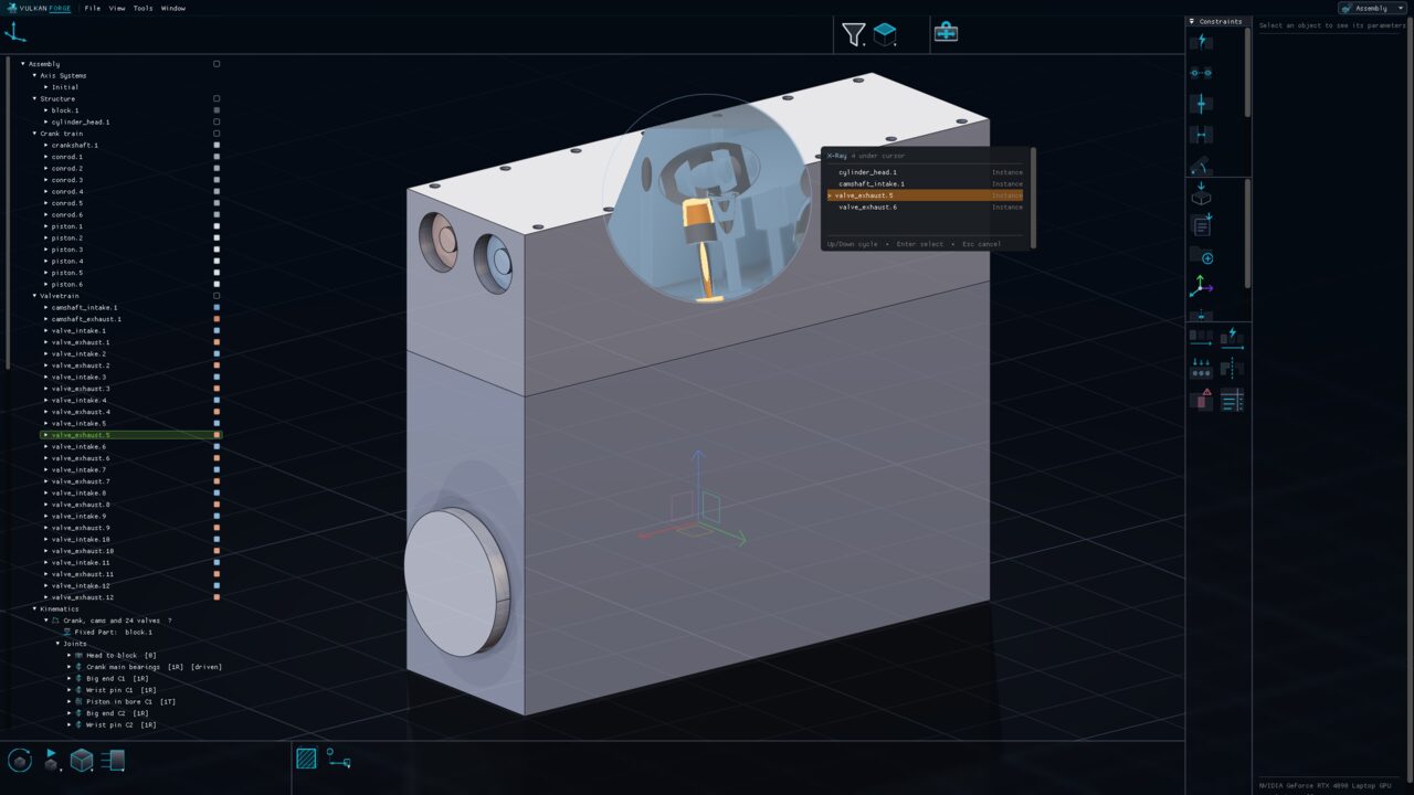 X-Ray mode on the inline-six: a see-through lens cut into the cylinder head shows an exhaust valve inside, and the depth-stack popup lists cylinder head, intake camshaft, exhaust valve and block under the cursor, with the exhaust valve focused.
