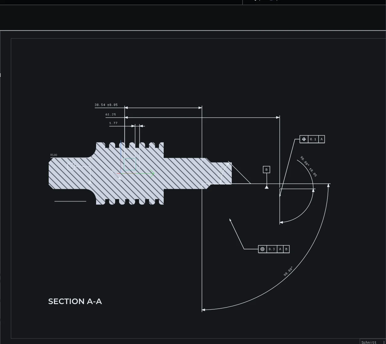 The same part with its 3D Drawing page activated: a square-on sectioned view with
             hatching, dimensions with tolerances, datum symbols, two geometrical tolerance
             frames and a SECTION A-A label.